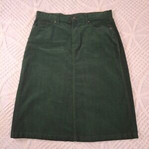 St Johns Bay Womens Green Corduroy Midi Skirt Size 14 Straight Pencil Back Slit